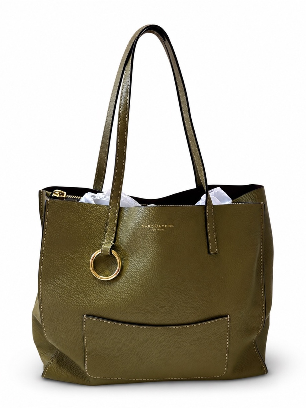 Marc Jacobs Olive Green Pebbled Leather Tote Shoulder Bag Gold Hardware Large